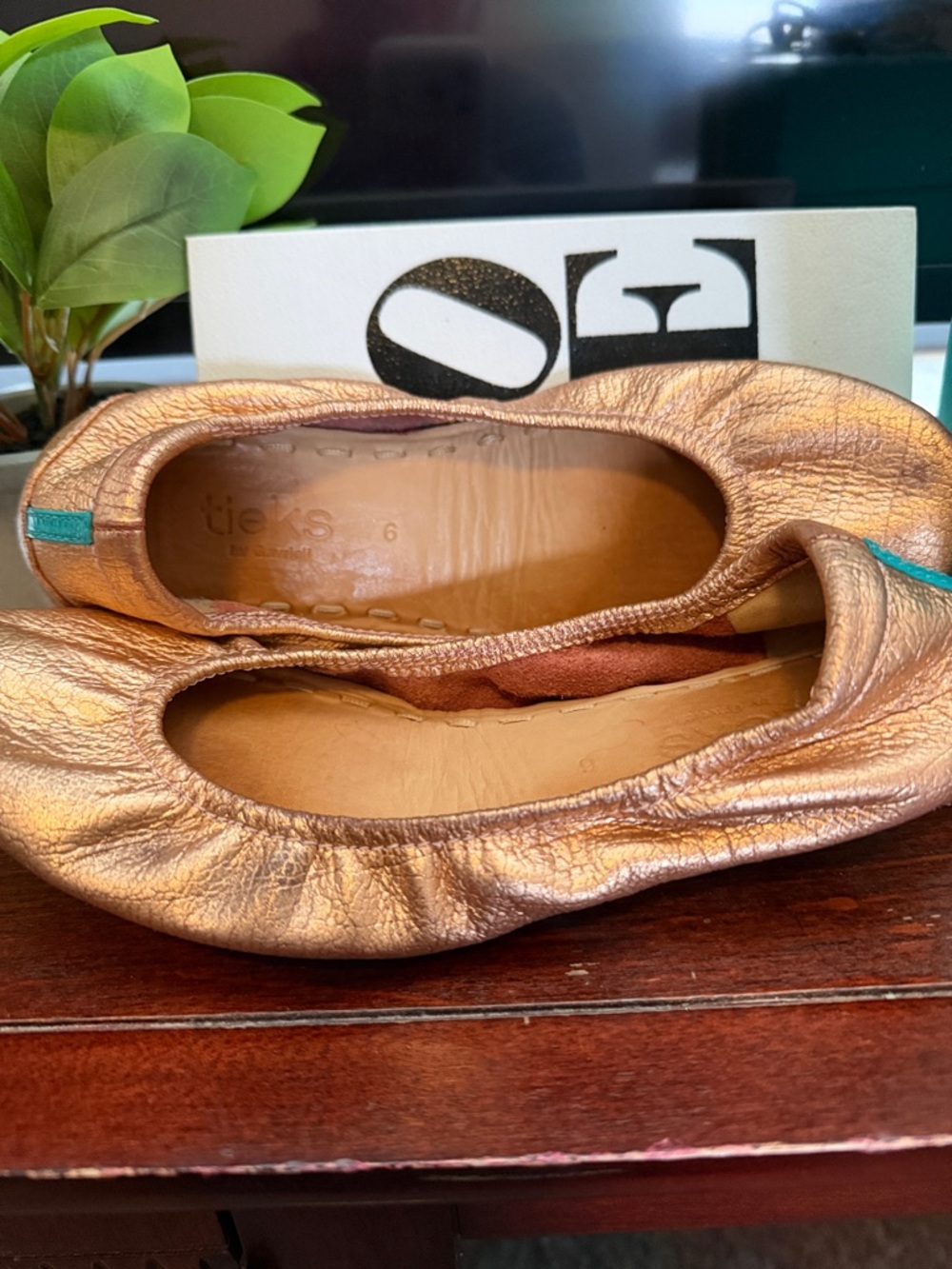 Tieks Rose Gold Ballet Flats with Teal Heel Tab
